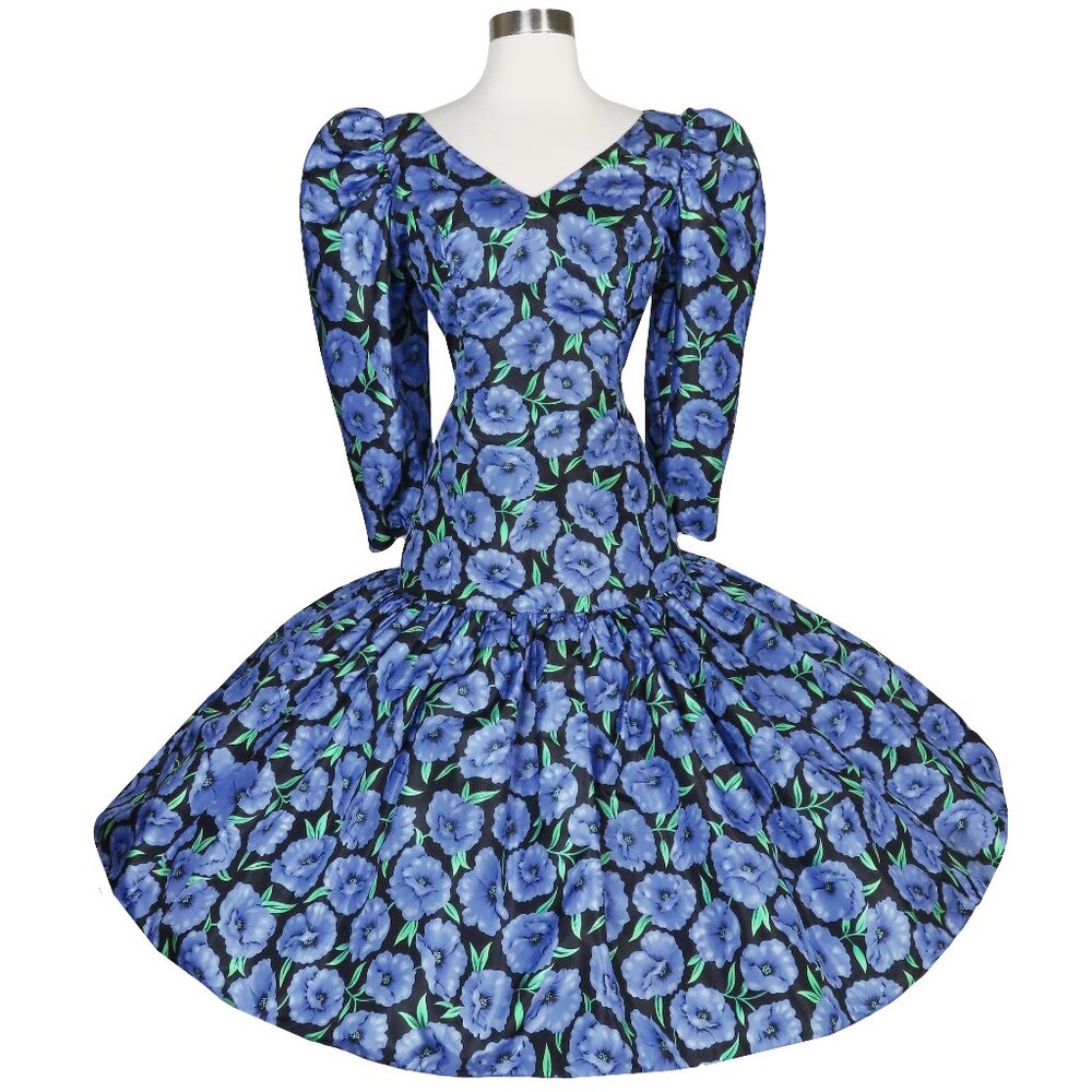 Vintage 80s Blue Black Floral Print Poppy Full Skirt Prom Party Dress S